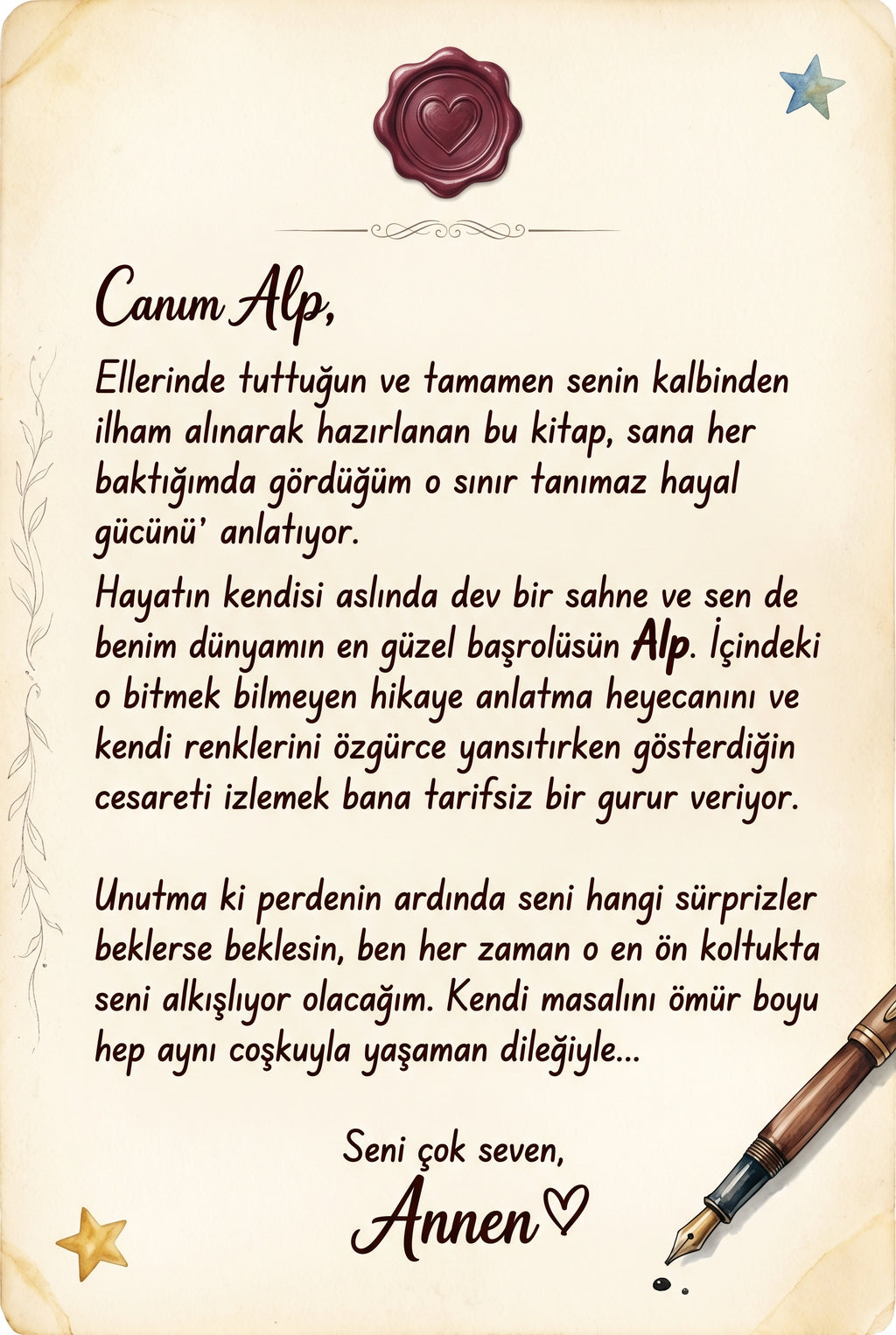 Kitabın ilk sayfasında ebeveynden çocuğa yazılmış sevgi dolu özel ithaf ve kişiselleştirilmiş hediye notu alanı