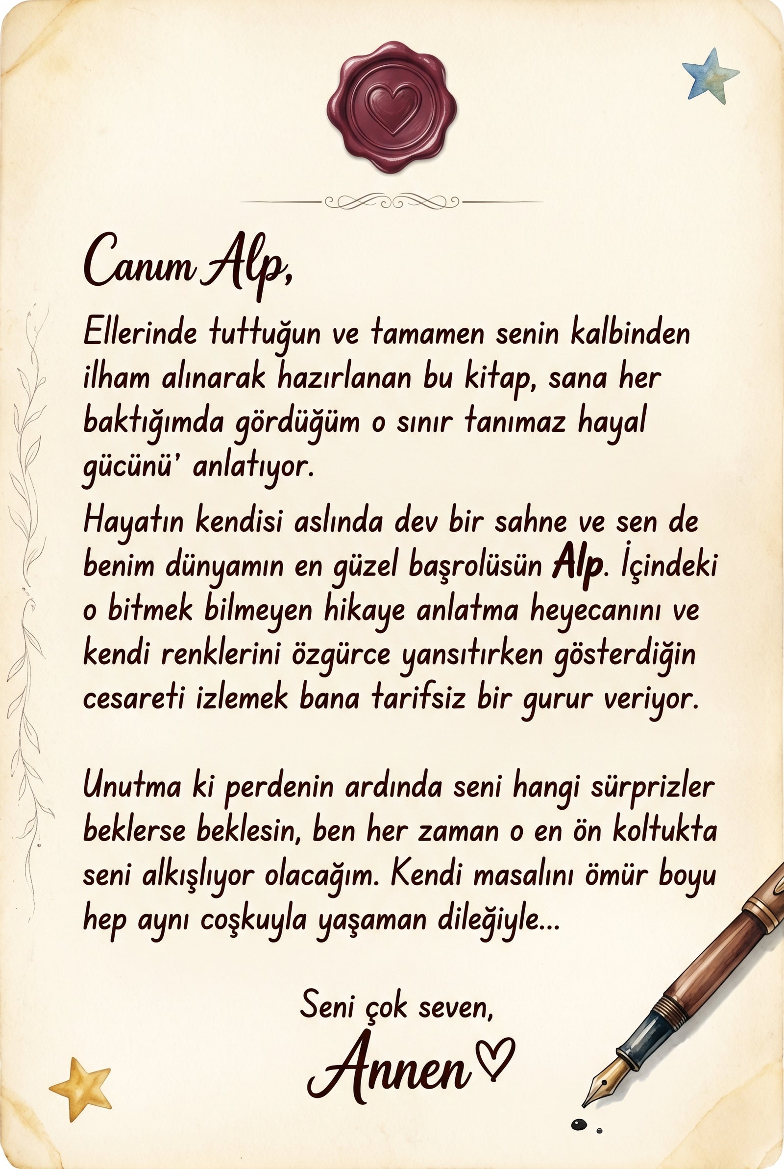 Kitabın ilk sayfasında ebeveynden çocuğa yazılmış sevgi dolu özel ithaf ve kişiselleştirilmiş hediye notu alanı