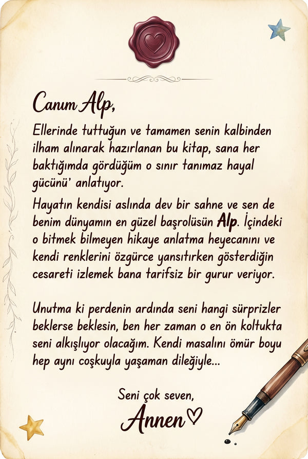 Kitabın ilk sayfasında ebeveynden çocuğa yazılmış sevgi dolu özel ithaf ve kişiselleştirilmiş hediye notu alanı