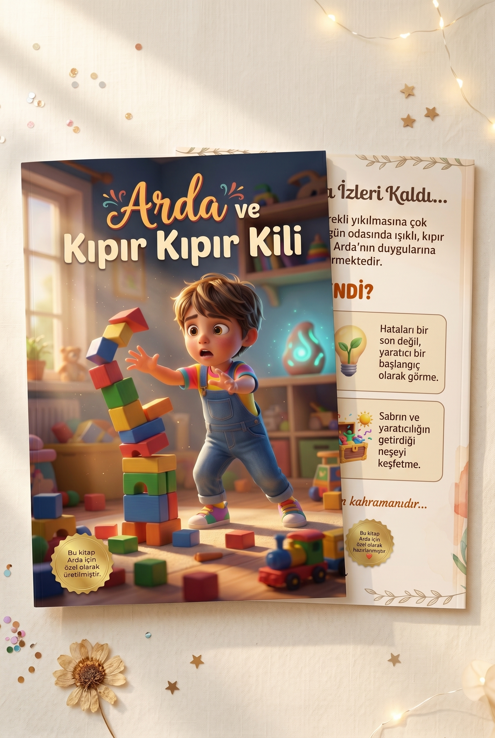 'Arda ve Kıpır Kıpır Kili' kişiselleştirilmiş kitabın ön ve arka kapakları yan yana, A4 yumuşak kapak formatında.