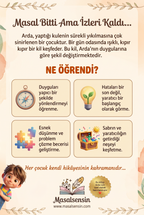 Arda için hazırlanan isme özel kitabın arka kapağı, ebeveynler için duygusal zeka ve problem çözme kazanımlarını özetliyor.
