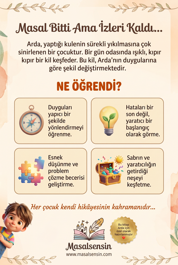 Arda için hazırlanan isme özel kitabın arka kapağı, ebeveynler için duygusal zeka ve problem çözme kazanımlarını özetliyor.