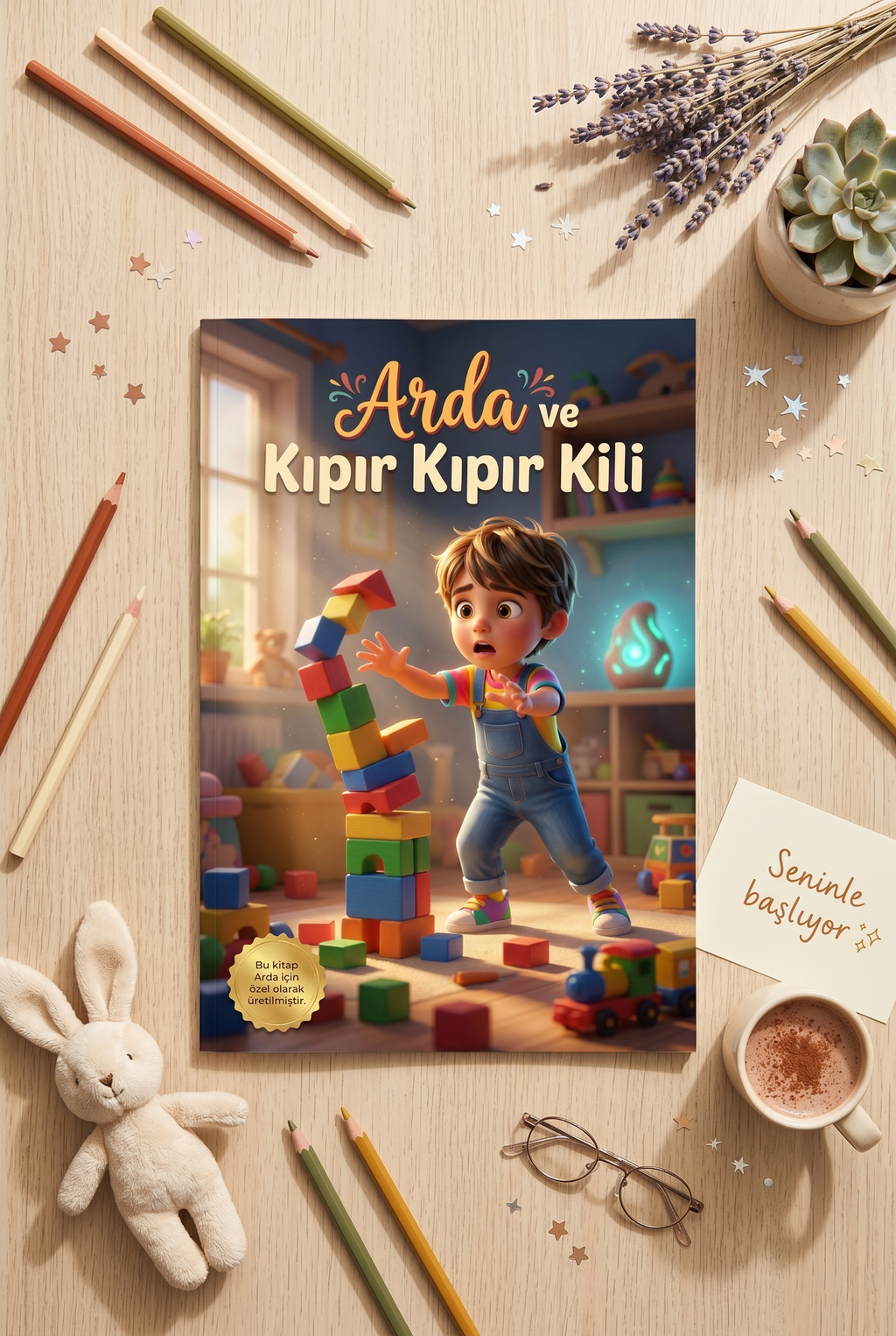 MasalSensin'in 'Arda ve Kıpır Kıpır Kili' kitabı, renkli oyun blokları ve kil ile birlikte bir masanın üzerinde sergileniyor.
