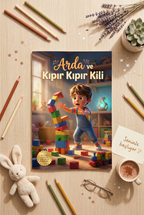 MasalSensin'in 'Arda ve Kıpır Kıpır Kili' kitabı, renkli oyun blokları ve kil ile birlikte bir masanın üzerinde sergileniyor.