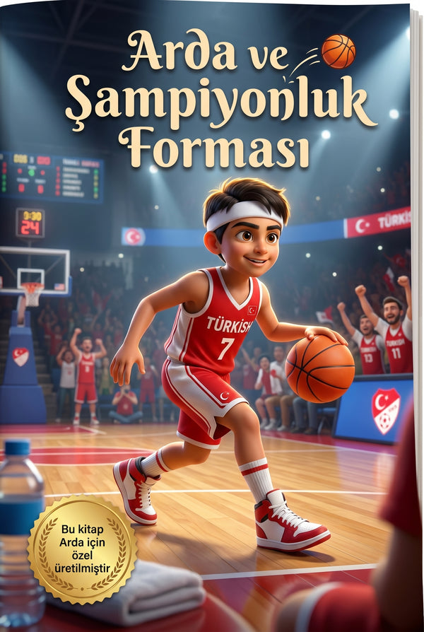 Arda ve Şampiyonluk Forması kişiye özel çocuk kitabı ön kapağı, kırmızı beyaz formalı 3D illüstrasyon