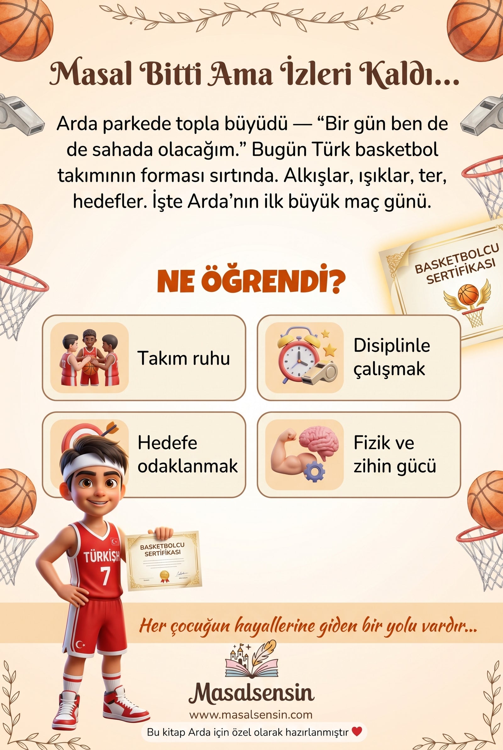 Arda isimli kitabın arka kapağı — takım ruhu, empati ve disiplin kazanımları özetleyen arka yüz