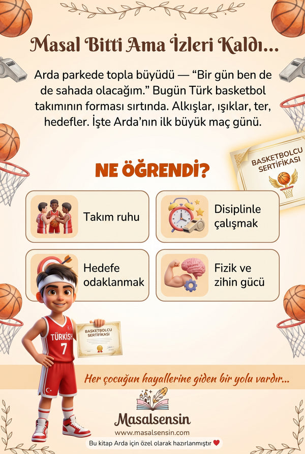 Arda isimli kitabın arka kapağı — takım ruhu, empati ve disiplin kazanımları özetleyen arka yüz