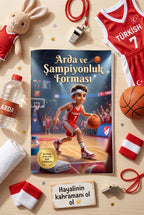 A4 boyutlu kişiye özel hikaye kitabı ve turuncu basketbol topu estetik ürün konsept çekimi