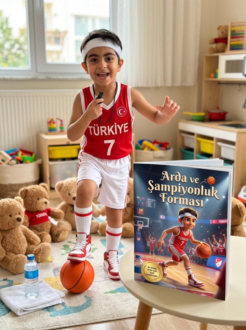 Arda uyumadan önce kendi adının yazılı olduğu basketbol masalını okurken — motive edici okuma anı