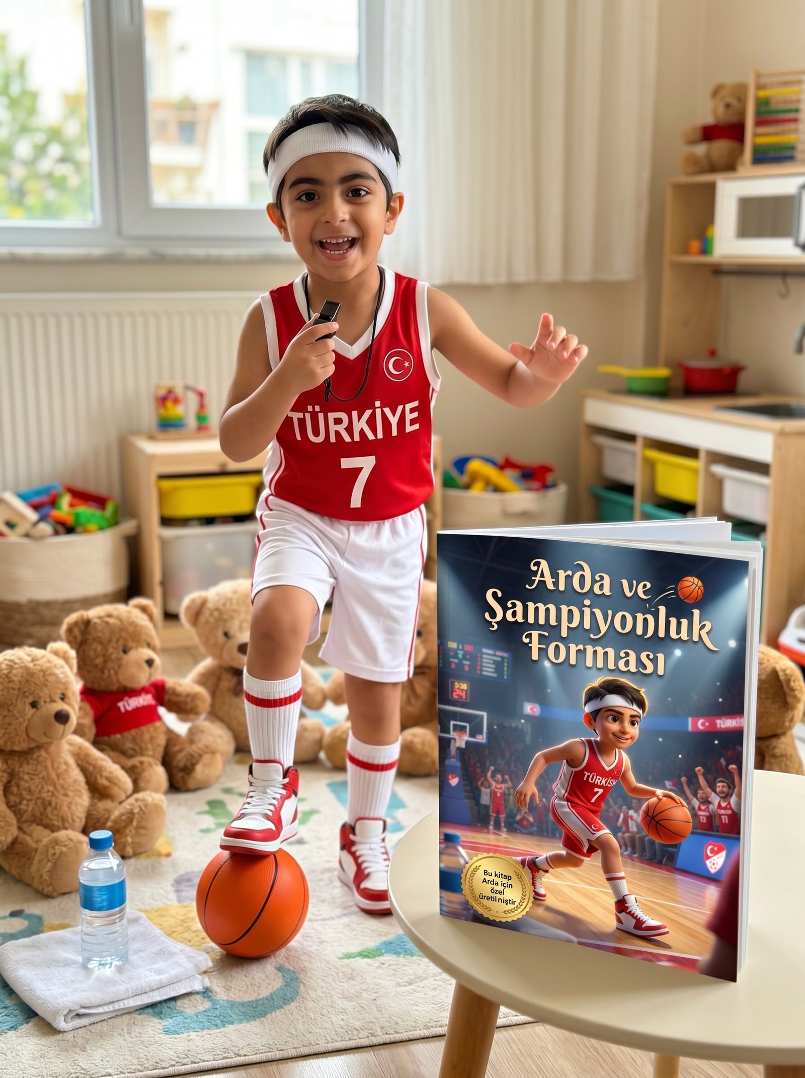 Arda uyumadan önce kendi adının yazılı olduğu basketbol masalını okurken — motive edici okuma anı