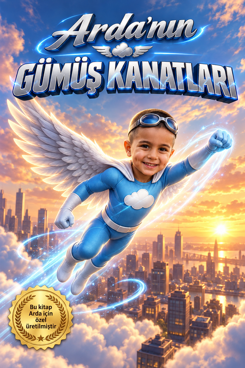 Arda'nın Gümüş Kanatları kişiye özel süper kahraman çocuk kitabı ön kapak