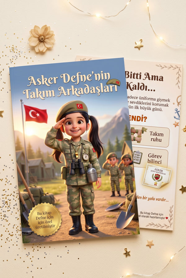 Asker Defne'nin kişiye özel kitabı ön ve arka kapak birlikte - A4 boyutlu yüksek kaliteli yumuşak kapak