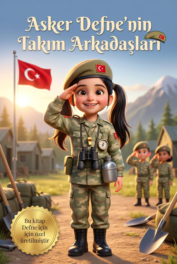 Asker Defne'nin Takım Arkadaşları kişiye özel çocuk kitabı ön kapağı, üniformalı Pixar 3D illüstrasyon