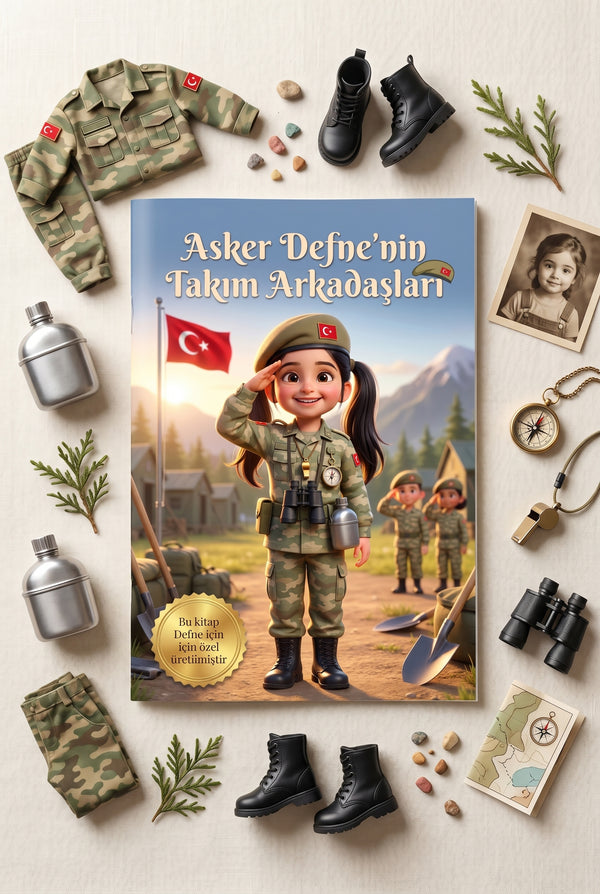Asker Defne çocuk kitabı, oyuncak pusula ve kamuflaj şapka ile birlikte düz zemin sunumu