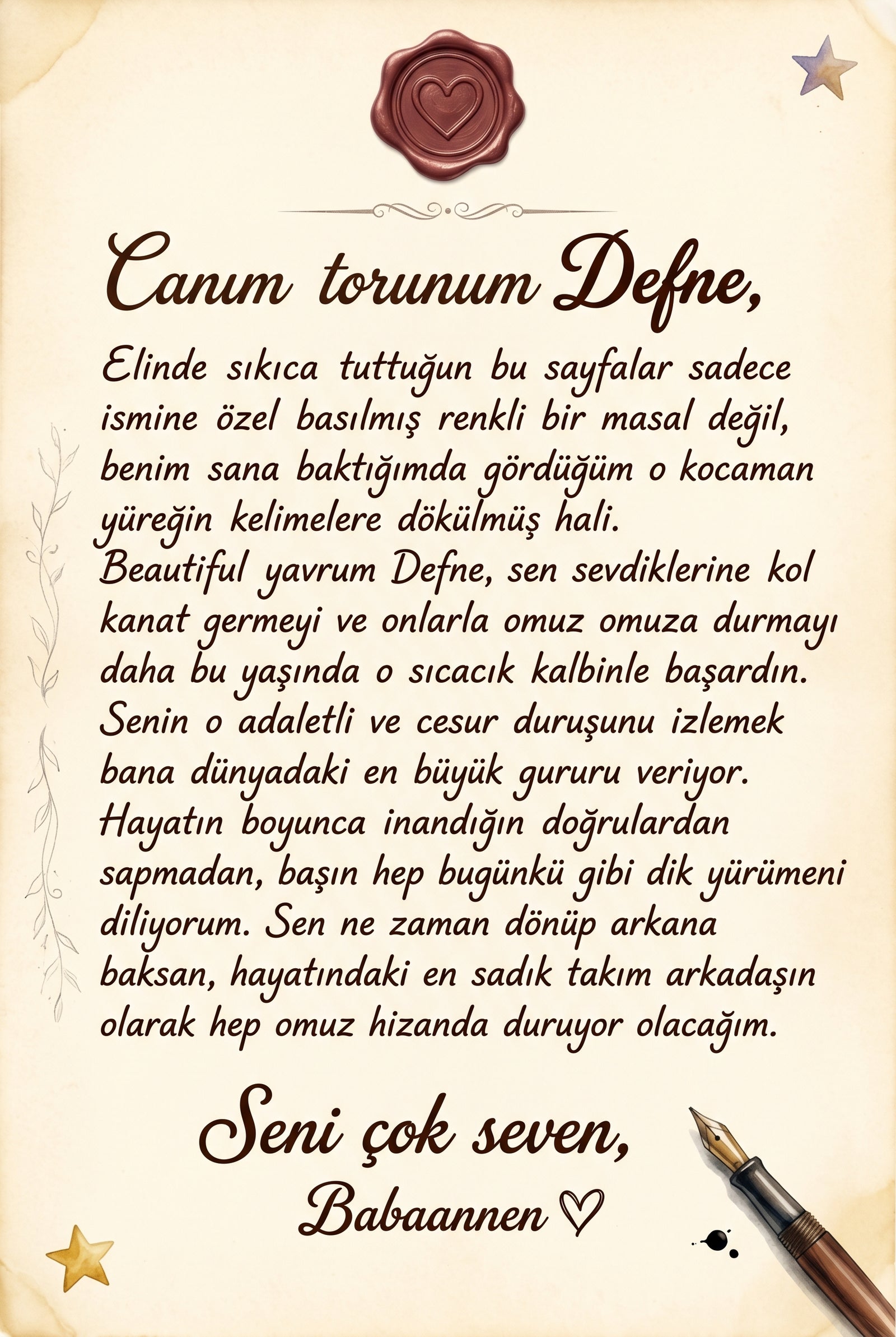 Kitabın içine eklenen hediye notu sayfası - Doğum günü için teyzesinden Defne'ye özel duygusal mesaj