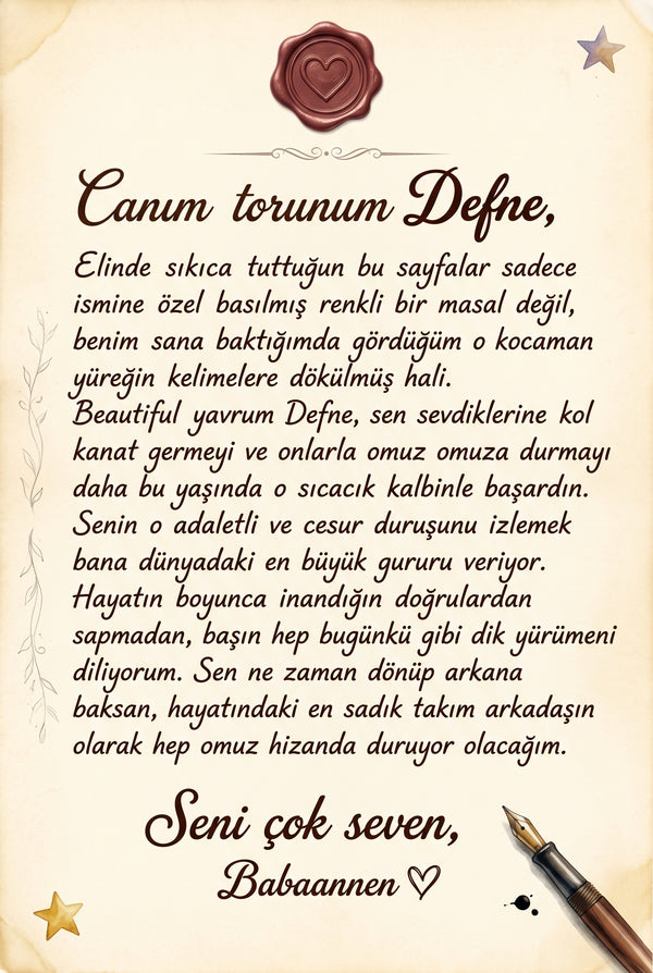 Kitabın içine eklenen hediye notu sayfası - Doğum günü için teyzesinden Defne'ye özel duygusal mesaj