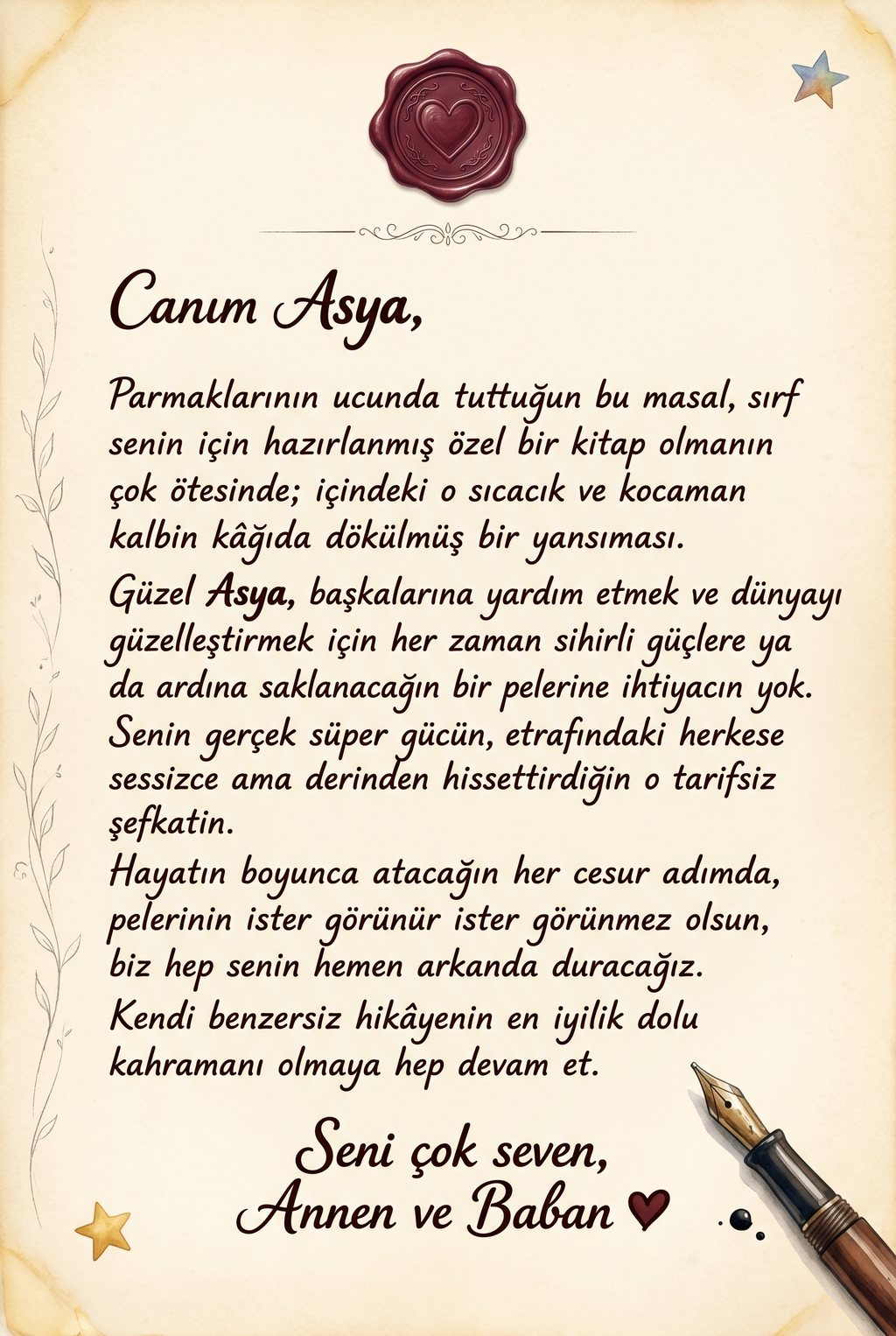 Asya için özel olarak yazılan duygusal hediye notu sayfasının ebeveyn perspektifinden görünümü.