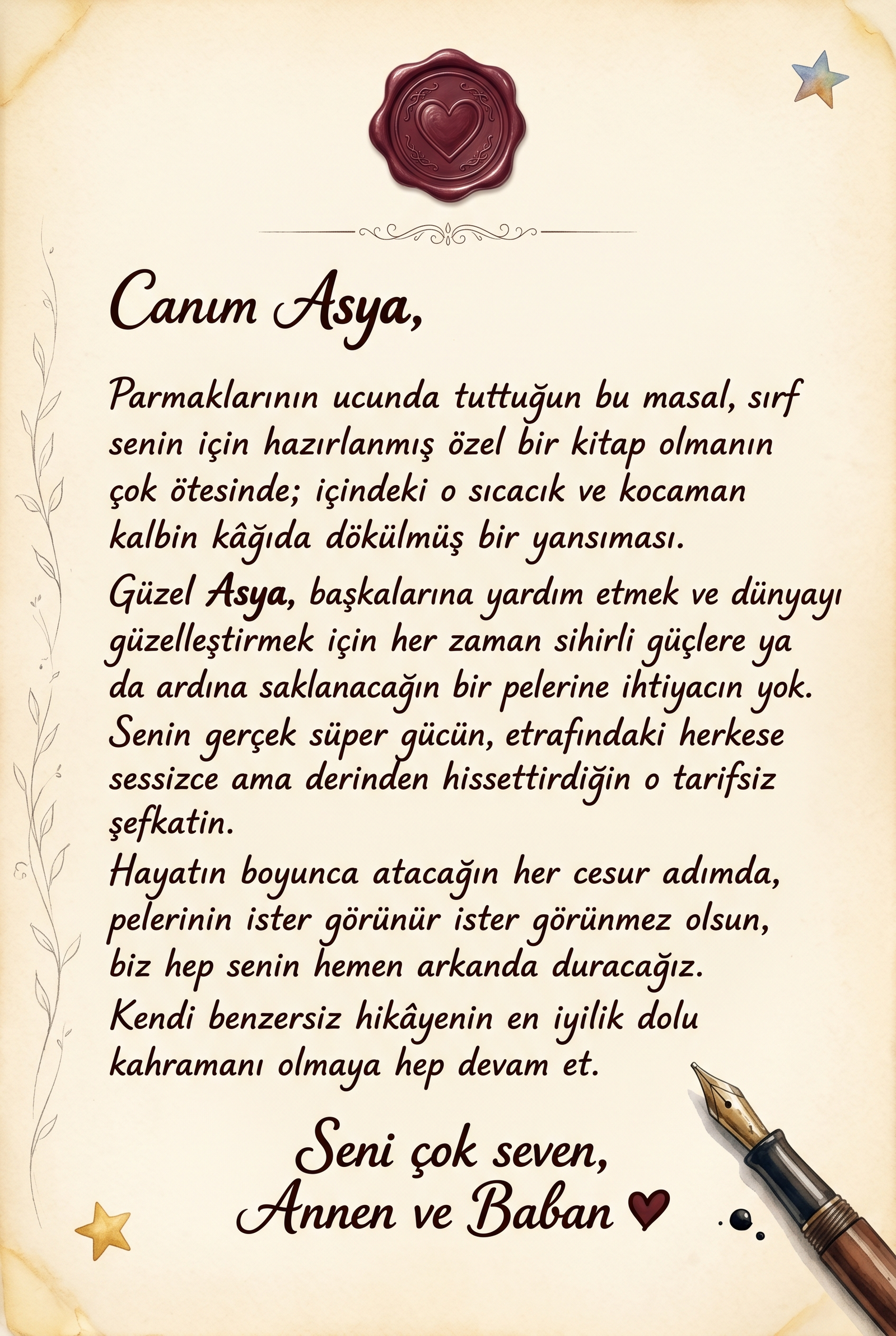 Asya için özel olarak yazılan duygusal hediye notu sayfasının ebeveyn perspektifinden görünümü.
