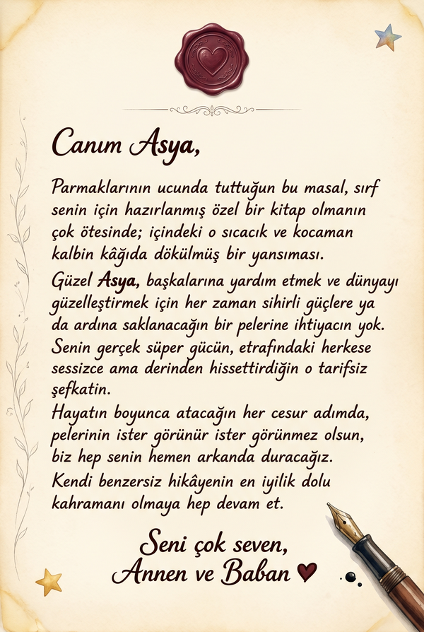 Asya için özel olarak yazılan duygusal hediye notu sayfasının ebeveyn perspektifinden görünümü.