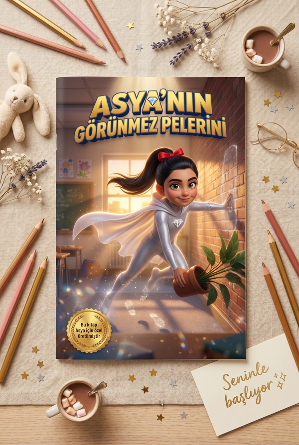Asya'nın süper kahraman hikaye kitabı, hediye paketi ve doğum günü konseptiyle düz zemin çekimi.