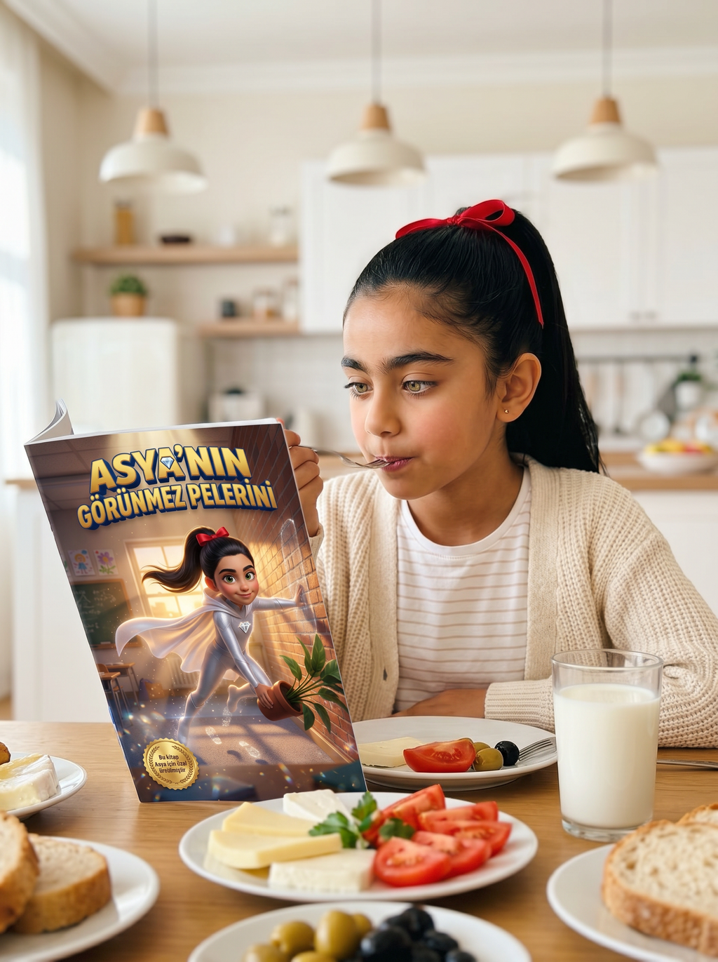 Asya yatağında kendi adının yazılı olduğu kişiselleştirilmiş süper kahraman masalını okurken.