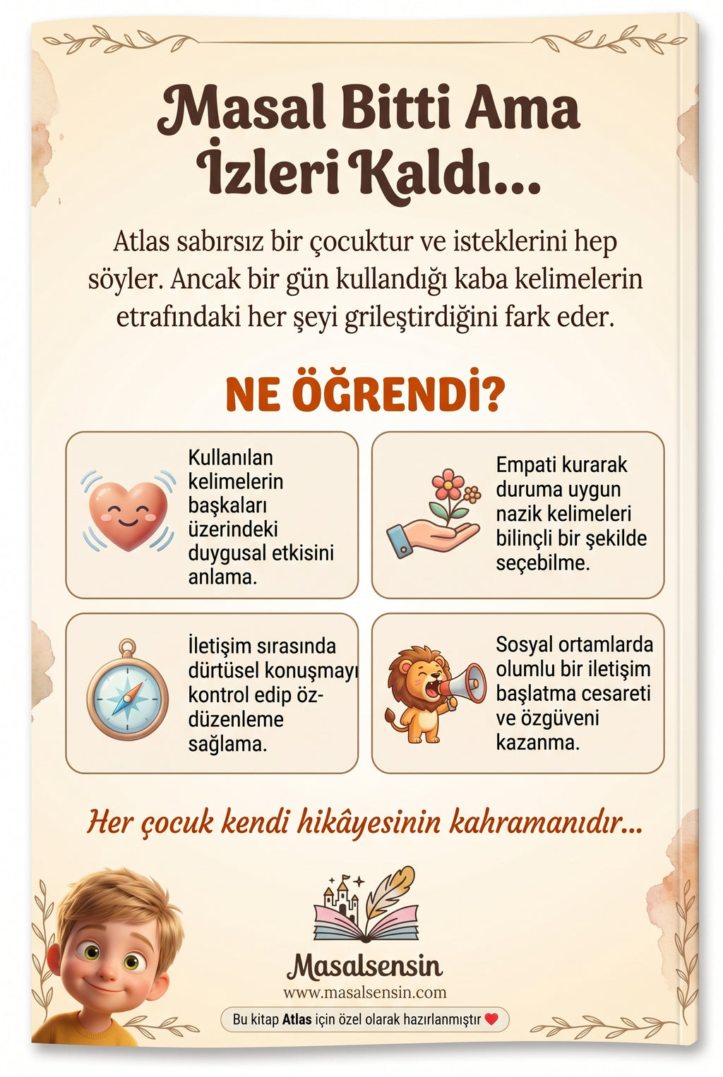 Atlas isimli çocuk kitabının arka kapağı - empati ve günlük değerler eğitimi pedagojik kazanım özeti.