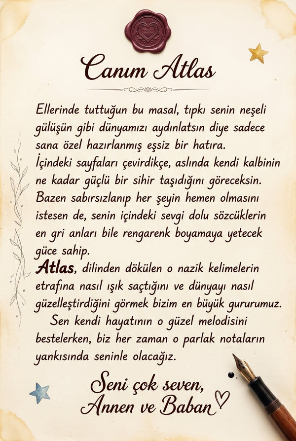 Hediye alan teyzeden Atlas'a yazılmış özel sevgi notu ve doğum günü kutlama mesajı içeren ilk sayfa.