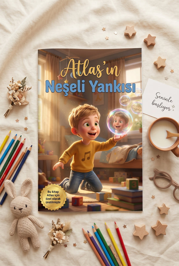 Atlas'ın adına özel hikaye kitabı, masanın üzerinde oyuncaklar ve renkli müzik notaları dekoruyla yan yana.