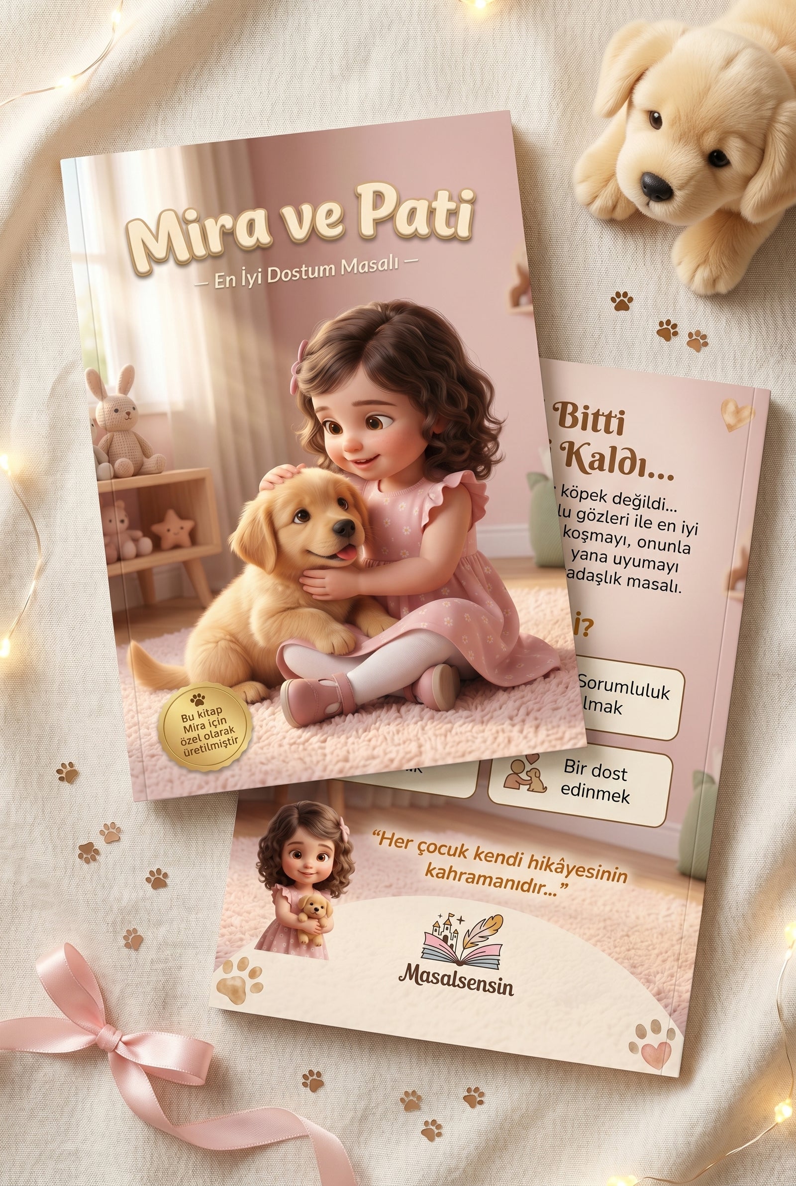 Mira'nın kişiye özel hayvan dostluk kitabı ön ve arka kapak birlikte.