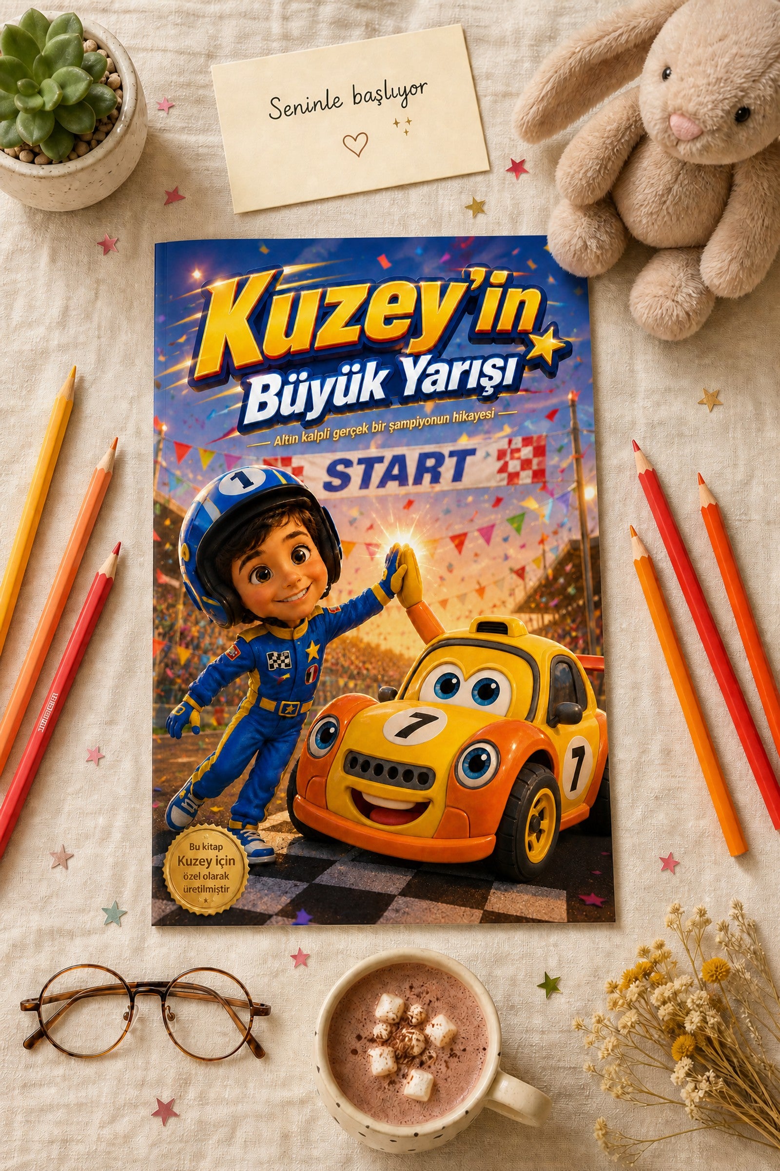 Ahşap masa üzerinde Kuzey'e özel yarış arabası kitabı, renkli oyuncak arabalar ve okuma gözlükleriyle birlikte şık sunumu