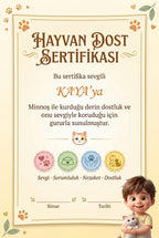 Hayvan Dost Sertifikası — Kaya'ya özel hazırlanmış diploma sayfası.