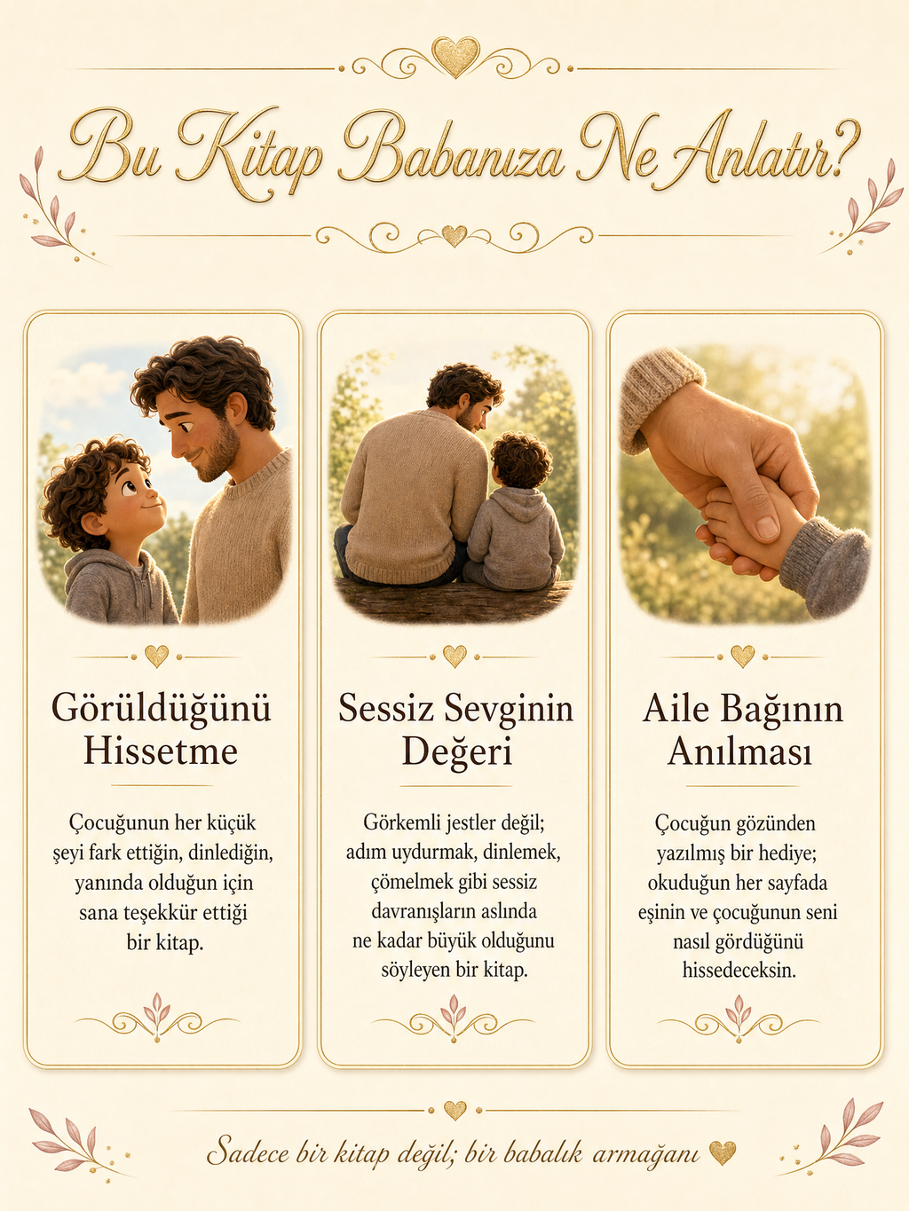 Babamın Süper Gücü kitabının babaya verdiği üç emotional tema: Görüldüğünü Hissetme, Sessiz Sevginin Değeri, Aile Bağının Anılması