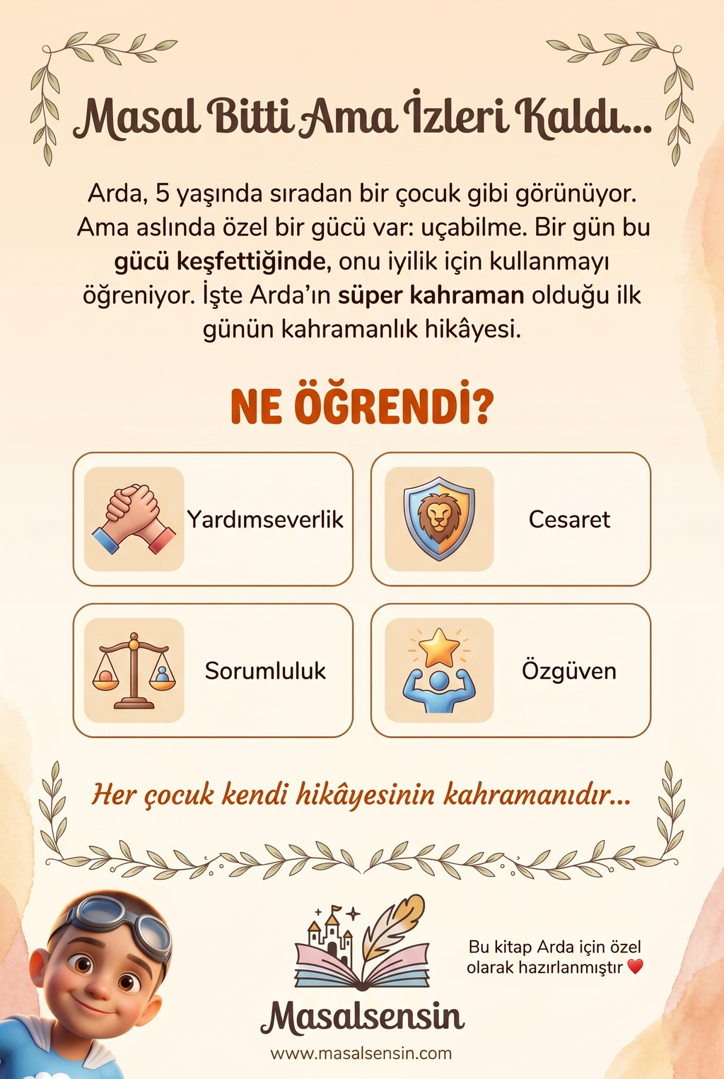 Arda süper kahraman kitabının arka kapağı — kazanımlar özeti