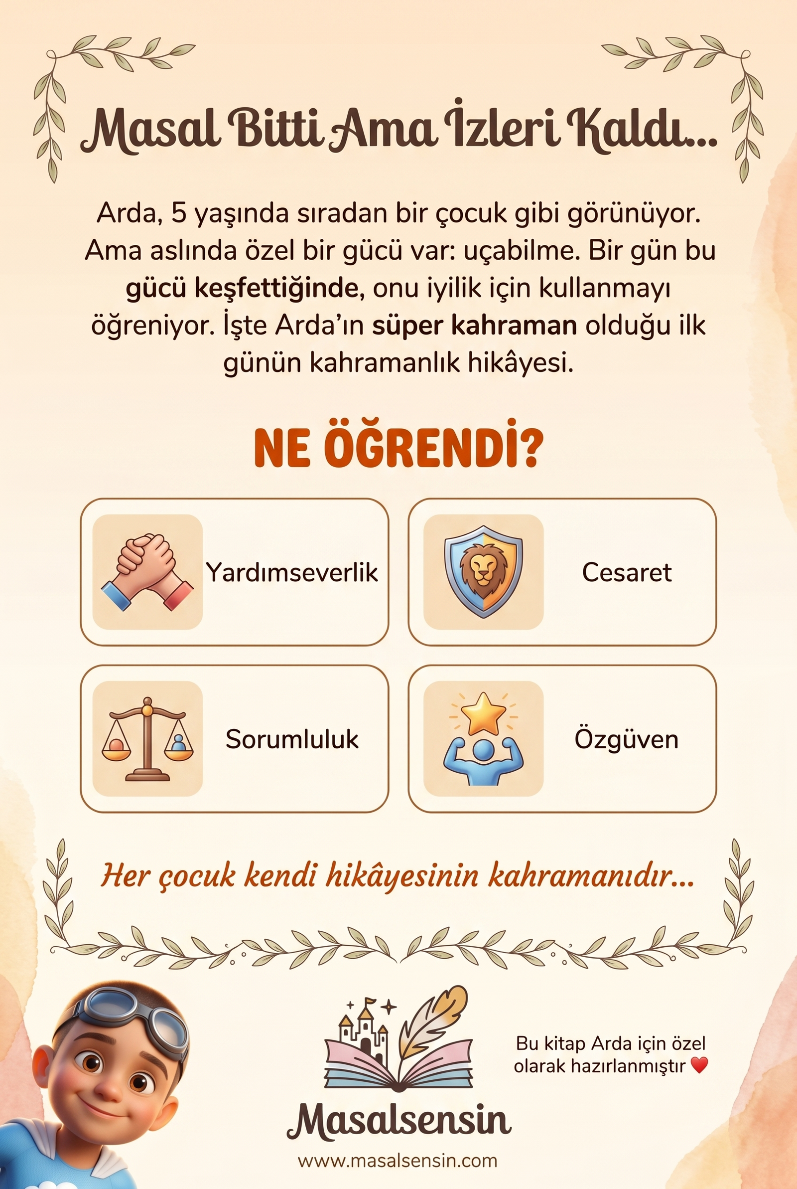 Arda süper kahraman kitabının arka kapağı — kazanımlar özeti