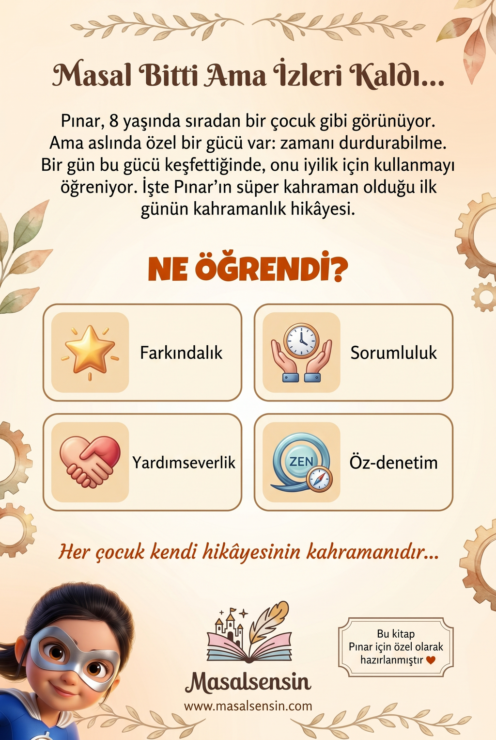 Pınar süper kahraman kitabının arka kapağı — kazanımlar özeti