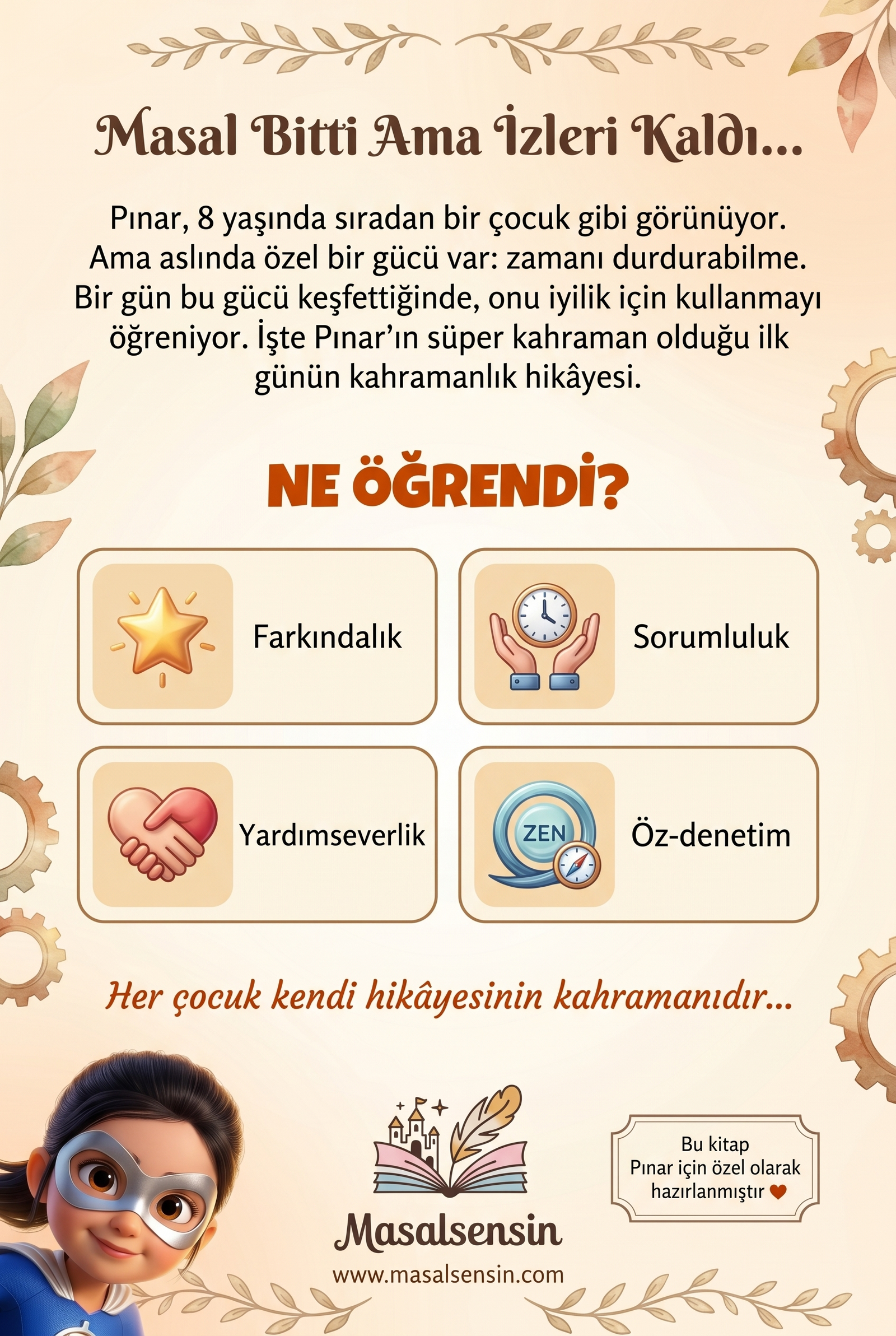 Pınar süper kahraman kitabının arka kapağı — kazanımlar özeti