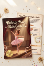Balerin Mavi ve Bale Gösterisi kitabının ön ve arka kapakları bir arada, A4 boyutundaki yumuşak kapak kalitesini gösteriyor.
