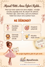 Kişiselleştirilmiş 'Balerin Mavi' kitabının arka kapağı, hikayenin zarafet ve cesaret kazanımlarını özetliyor.