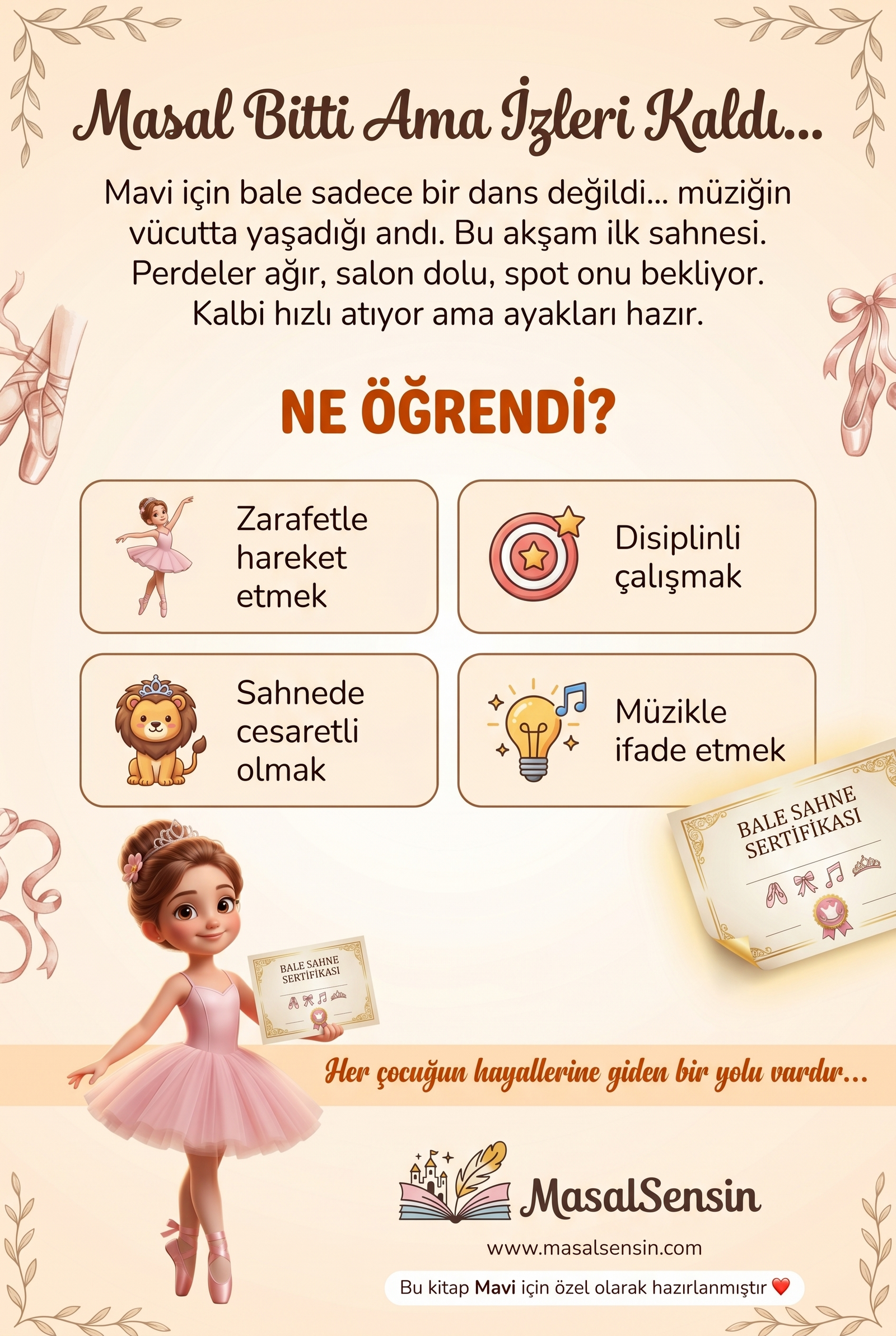 Kişiselleştirilmiş 'Balerin Mavi' kitabının arka kapağı, hikayenin zarafet ve cesaret kazanımlarını özetliyor.
