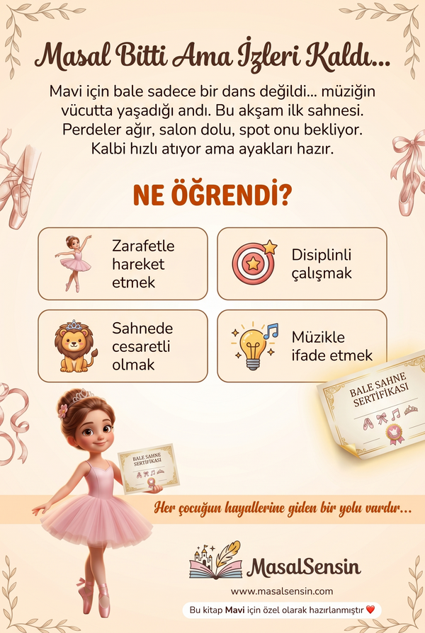 Kişiselleştirilmiş 'Balerin Mavi' kitabının arka kapağı, hikayenin zarafet ve cesaret kazanımlarını özetliyor.