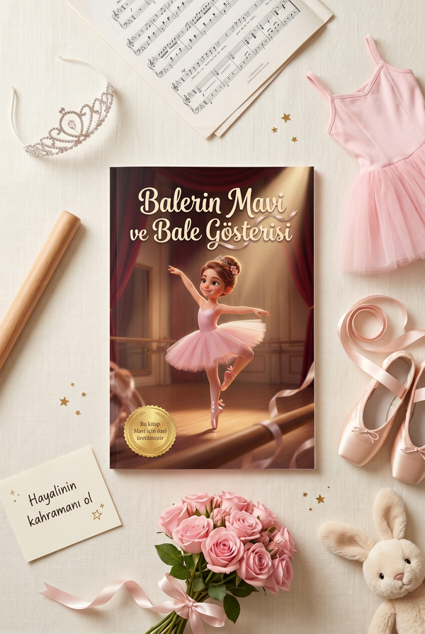 Balerin Mavi kitabı, bale patikleri ve tütü ile birlikte düz bir zeminde sergileniyor, hediye konseptini gösteriyor.