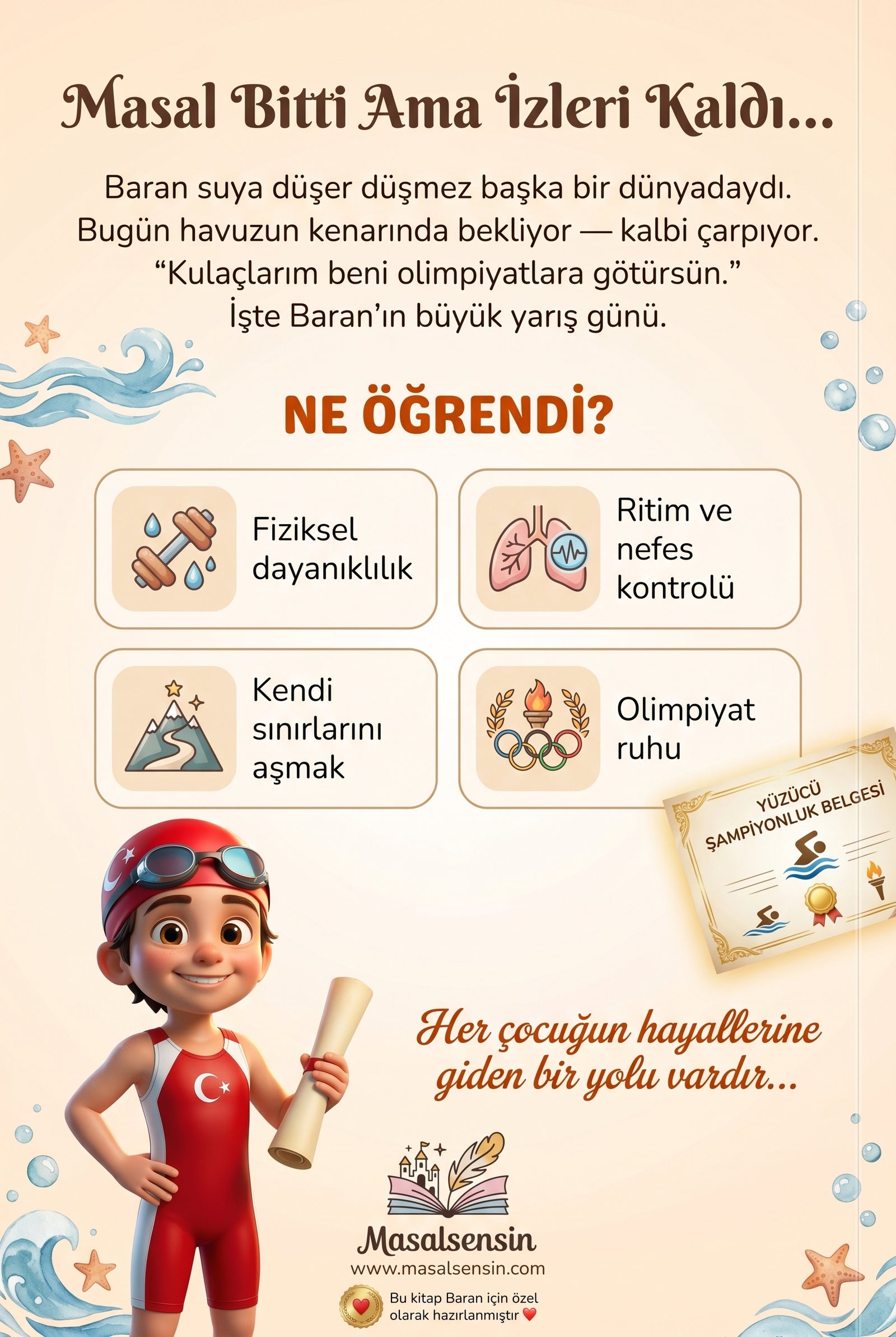 Baran isimli meslek kitabının arka kapağı olimpiyat ruhu ve kendi sınırlarını aşmak temalı hikaye özeti