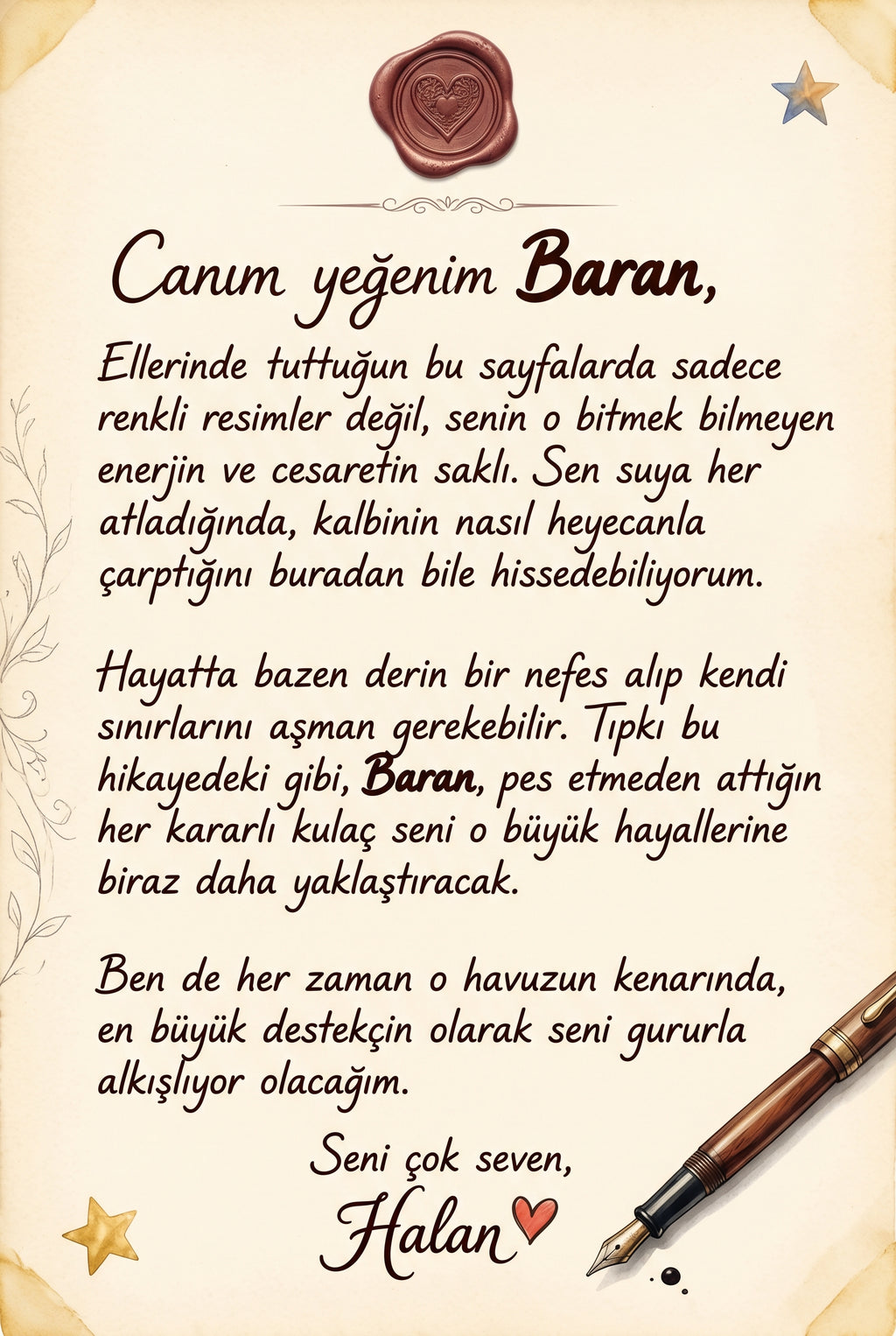 Baran için yazılmış ilham verici özel hediye notu sayfası detayları ve sevgi dolu doğum günü hatırası