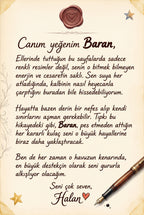 Baran için yazılmış ilham verici özel hediye notu sayfası detayları ve sevgi dolu doğum günü hatırası
