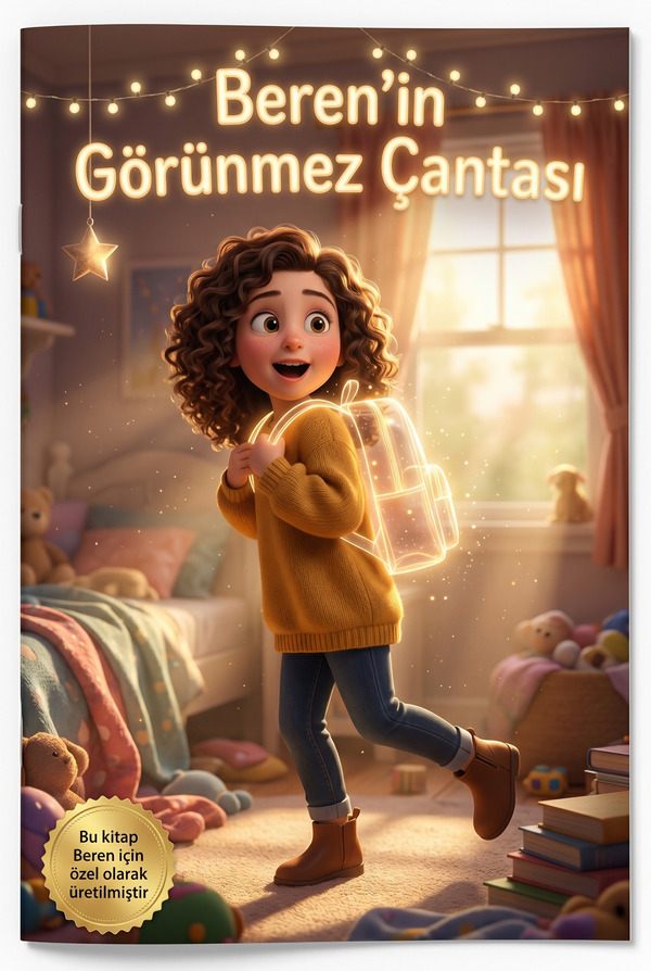 Beren'in Görünmez Çantası kişiye özel çocuk kitabı ön kapağı duygusal regülasyon temalı Pixar 3D illüstrasyon