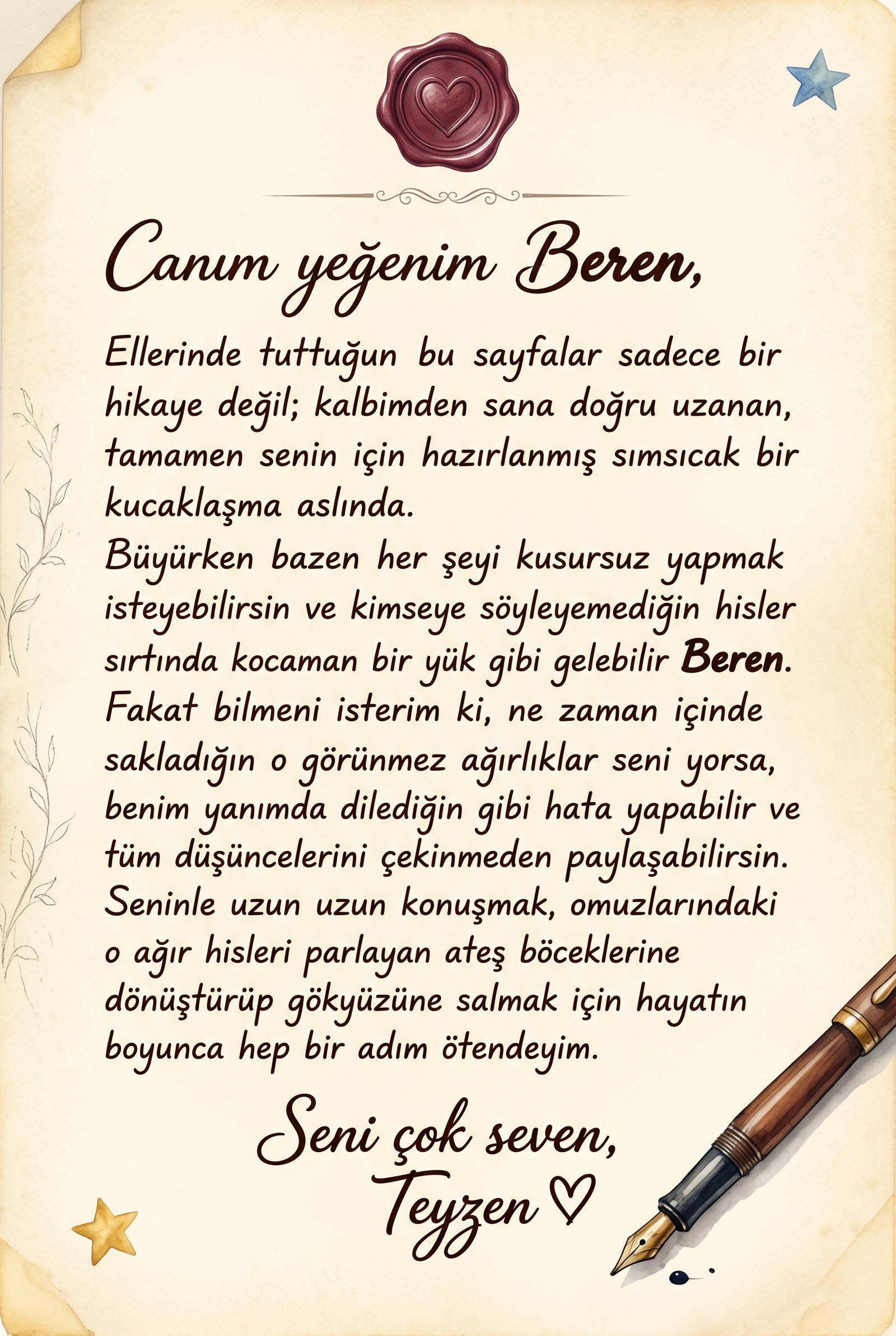 Kitabın içindeki kişiye özel ebeveyn notu sayfası Beren için yazılmış ithaf metni