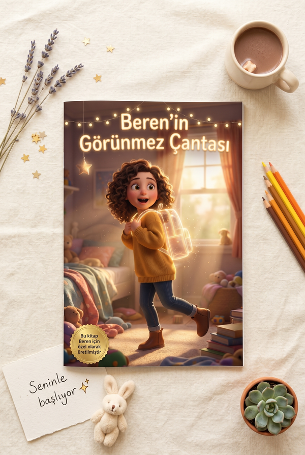 Beren'in Görünmez Çantası kişiselleştirilmiş hediye kitabı ahşap masa üzerinde çocuk odası aksesuarlarıyla