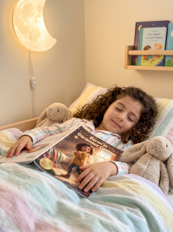 Beren uyumadan önce kendi adının yazılı olduğu masalı okurken bedtime reading anı