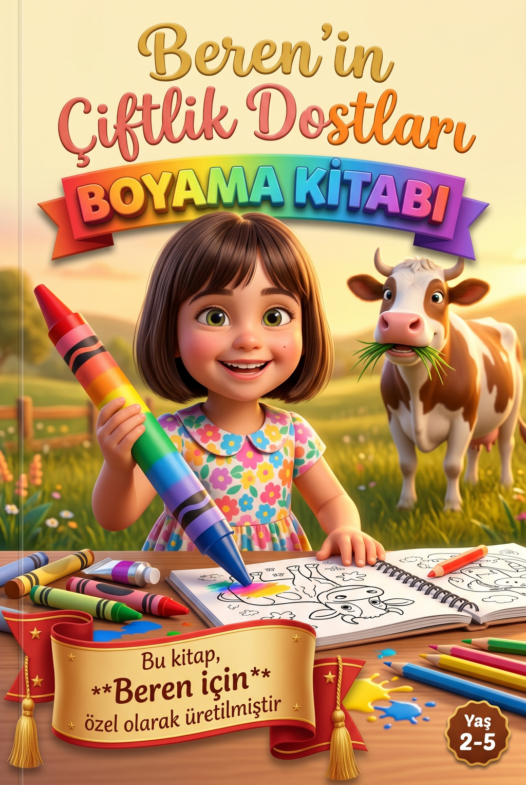 Beren'in Çiftlik Dostları kişiye özel çocuk kitabı ön kapağı, neşeli inek ve koyun ile Pixar 3D illüstrasyon