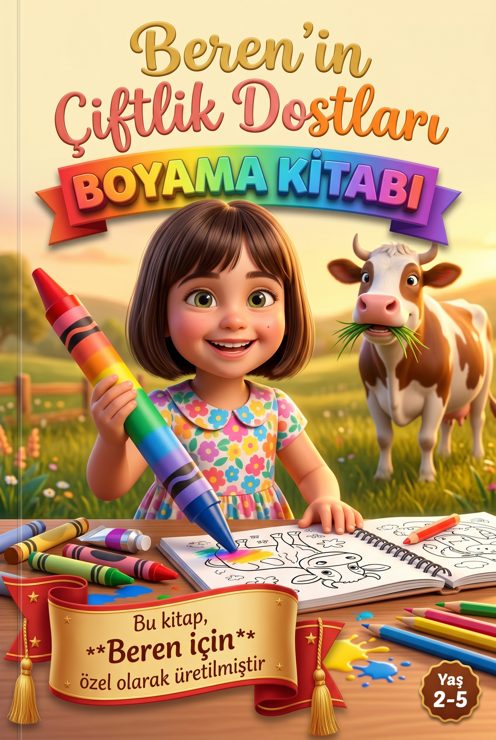 Beren'in Çiftlik Dostları kişiye özel çocuk kitabı ön kapağı, neşeli inek ve koyun ile Pixar 3D illüstrasyon